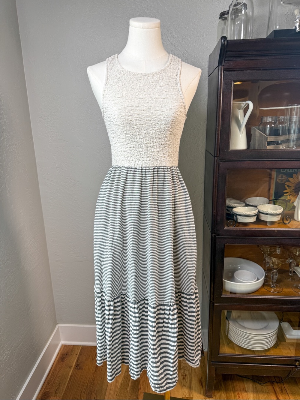 Millibon USA Striped Sleeveless Midi Dress Cream & Gray Smocked Bodice Size S